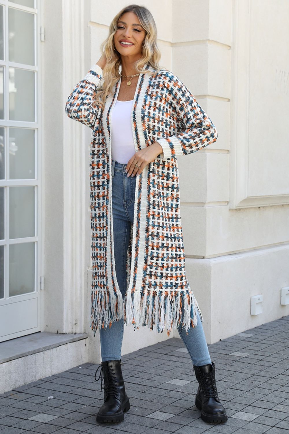 Infinite Multicolored Open Front Fringe Hem Cardigan