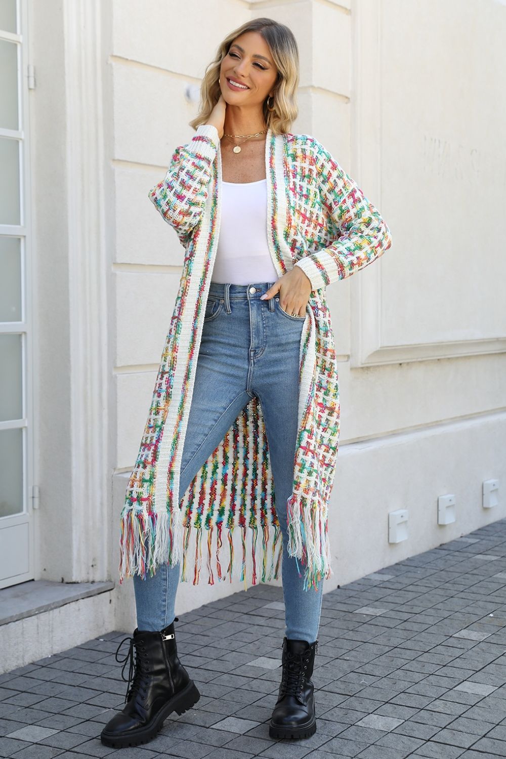 Infinite Multicolored Open Front Fringe Hem Cardigan