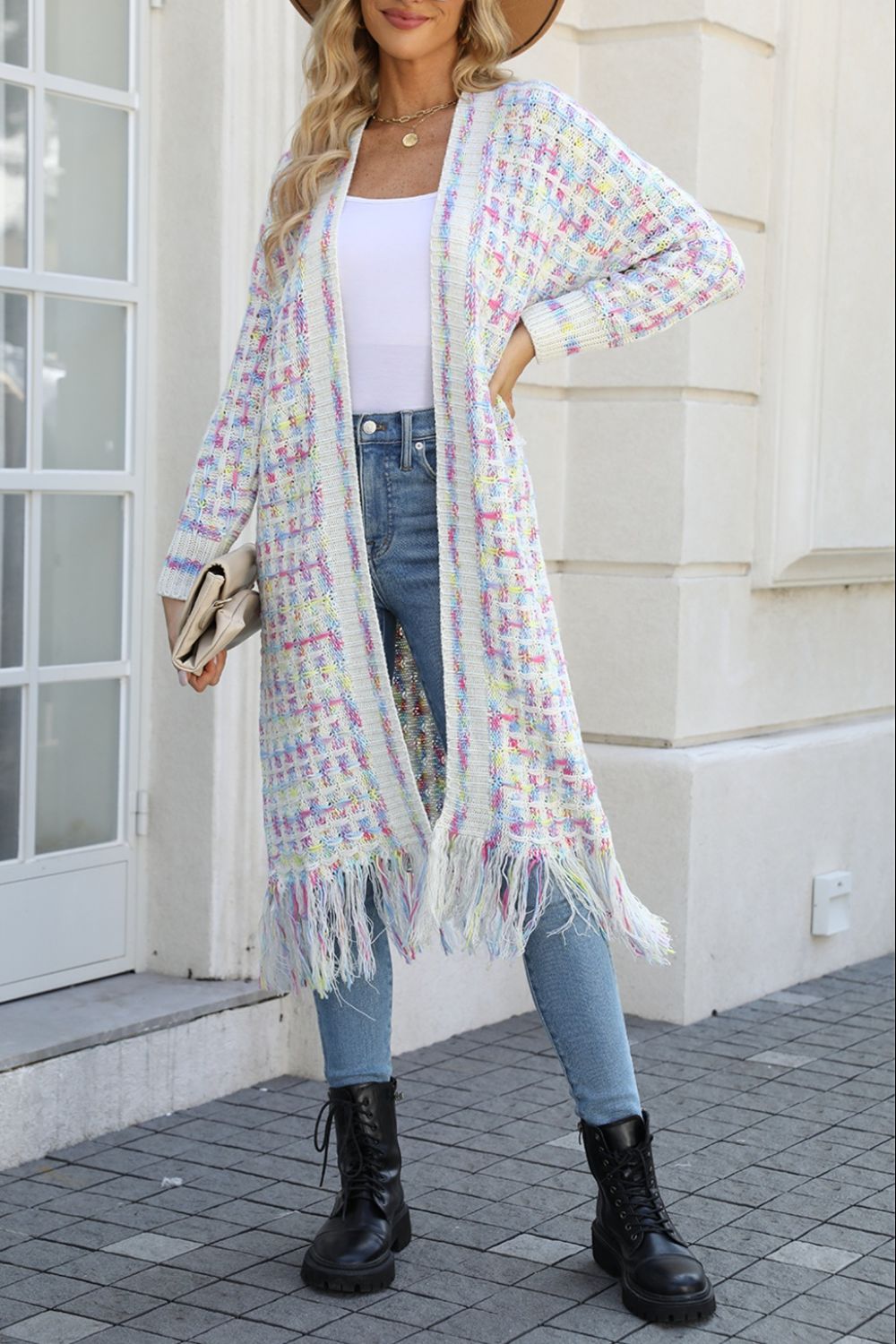 Infinite Multicolored Open Front Fringe Hem Cardigan