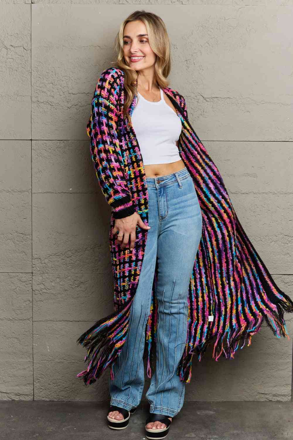 Infinite Multicolored Open Front Fringe Hem Cardigan