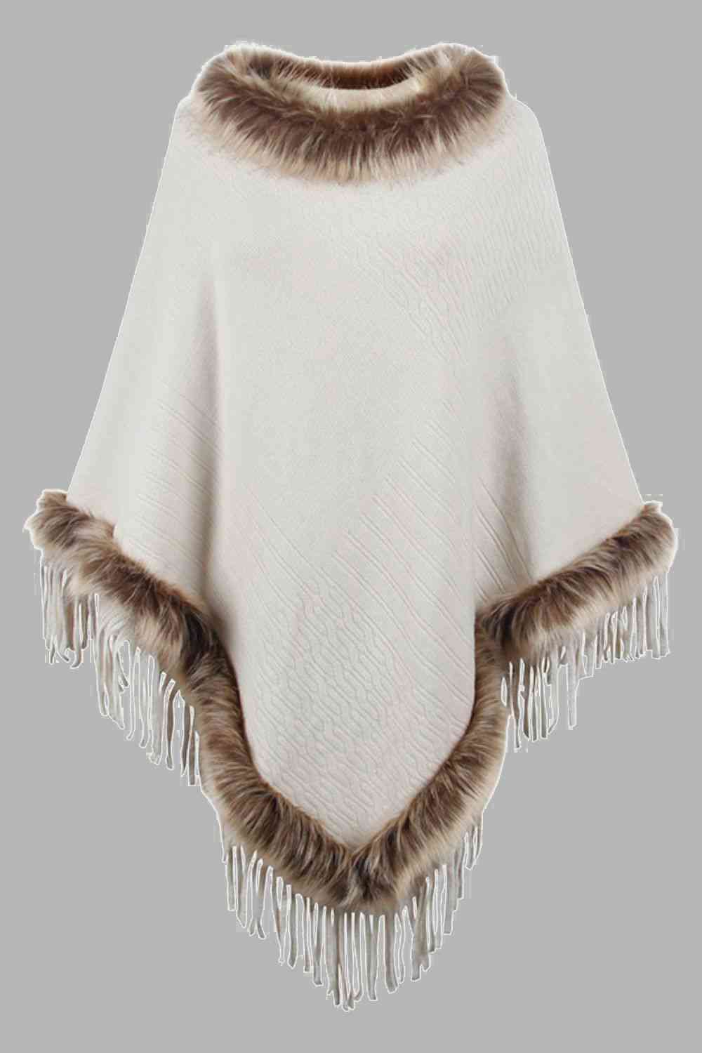 Diva Faux Fur Trim Fringed Poncho