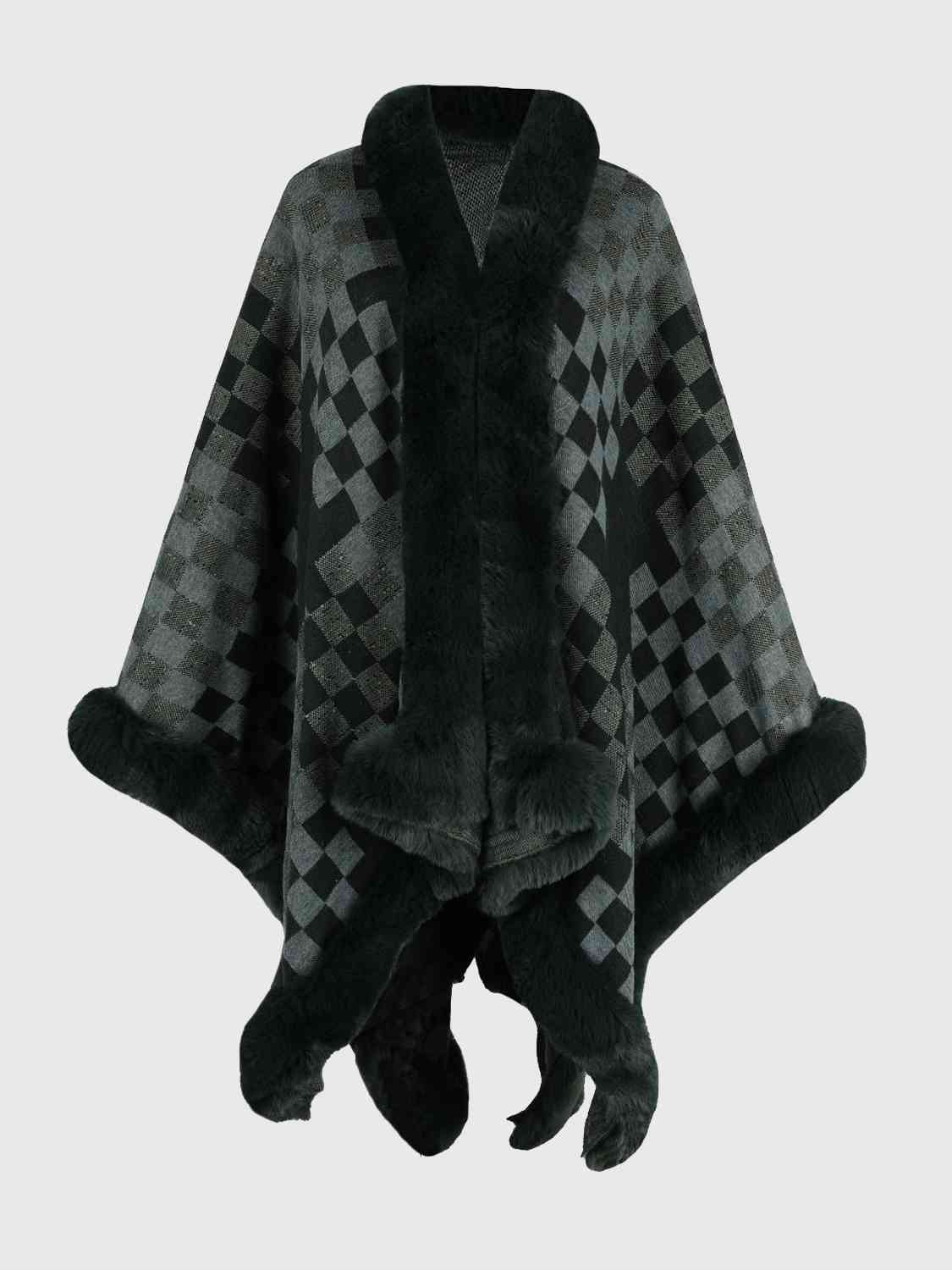 In Town For The Day Checkered Faux Fur Trim Poncho