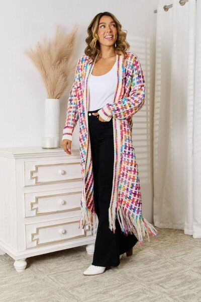 Infinite Multicolored Open Front Fringe Hem Cardigan
