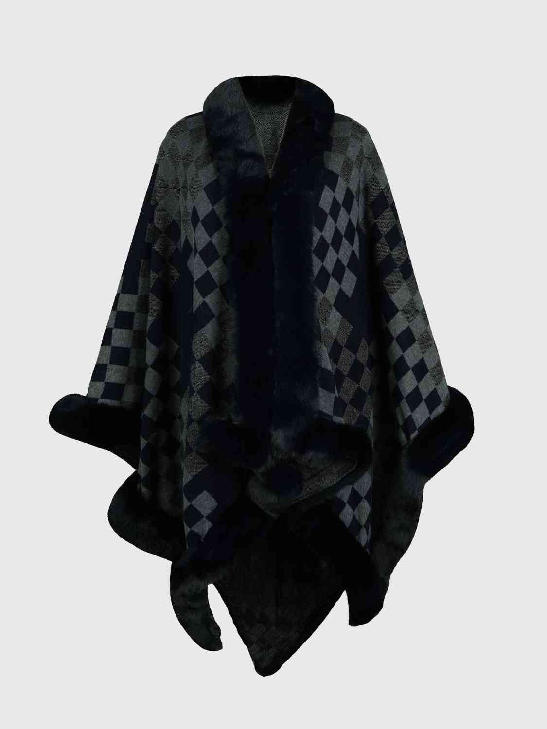In Town For The Day Checkered Faux Fur Trim Poncho