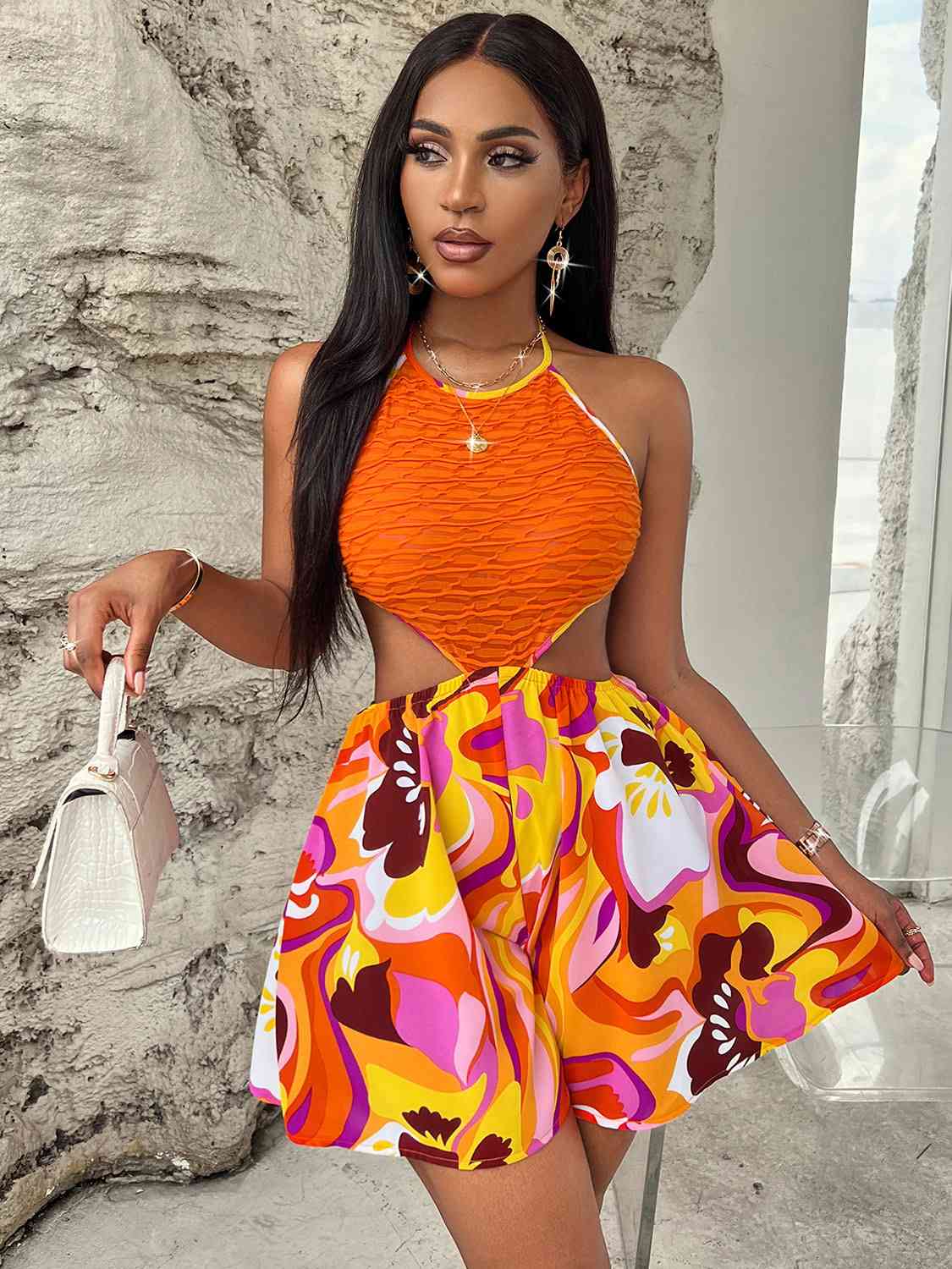 At The Bahamas Sleeveless Cutout Printed Mini Dress