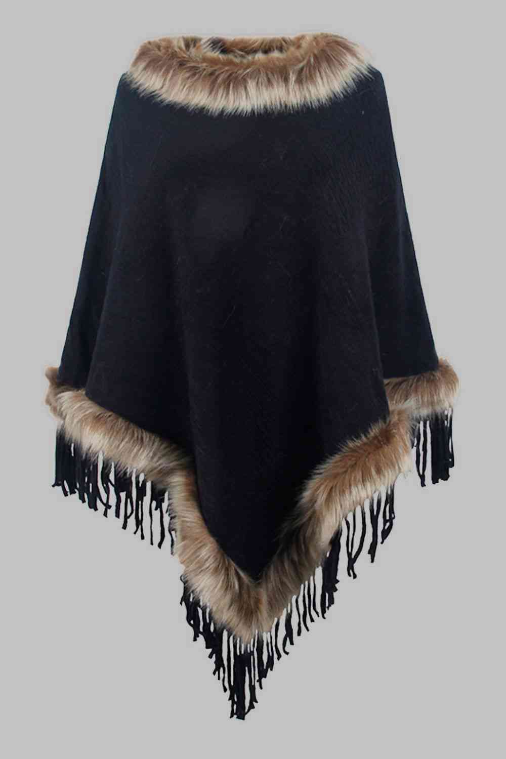 Diva Faux Fur Trim Fringed Poncho