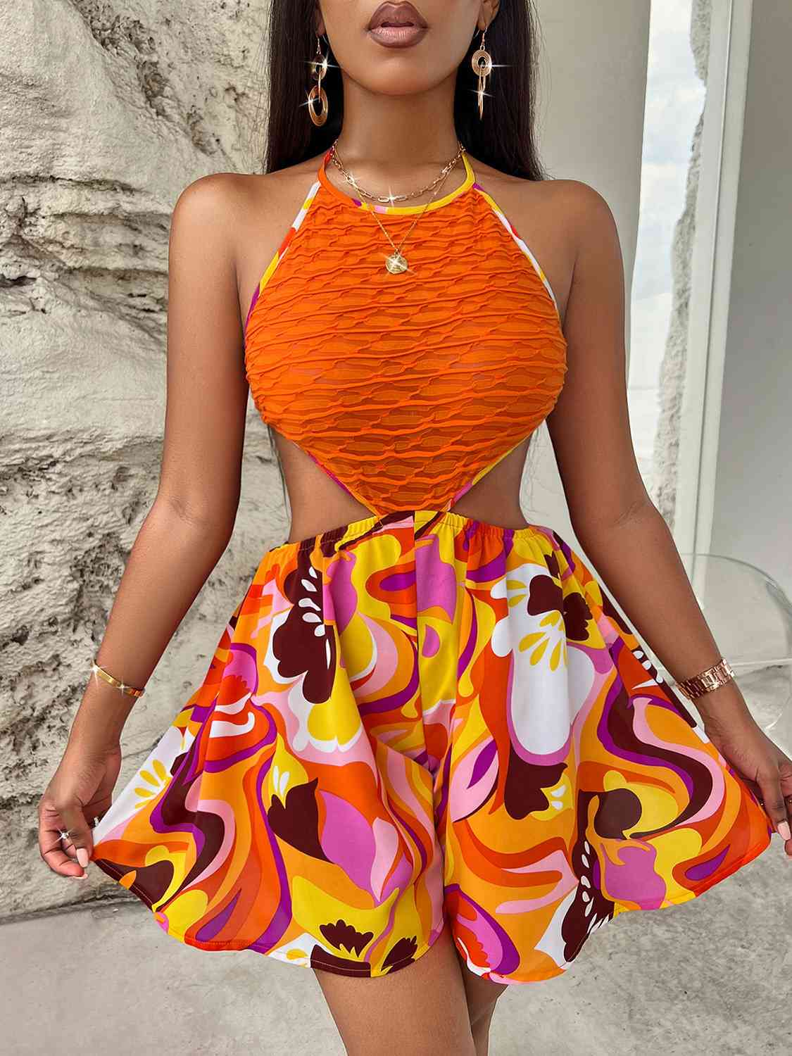 At The Bahamas Sleeveless Cutout Printed Mini Dress