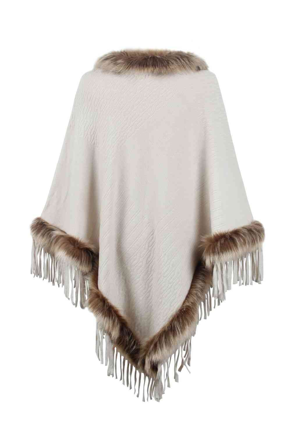 Diva Faux Fur Trim Fringed Poncho