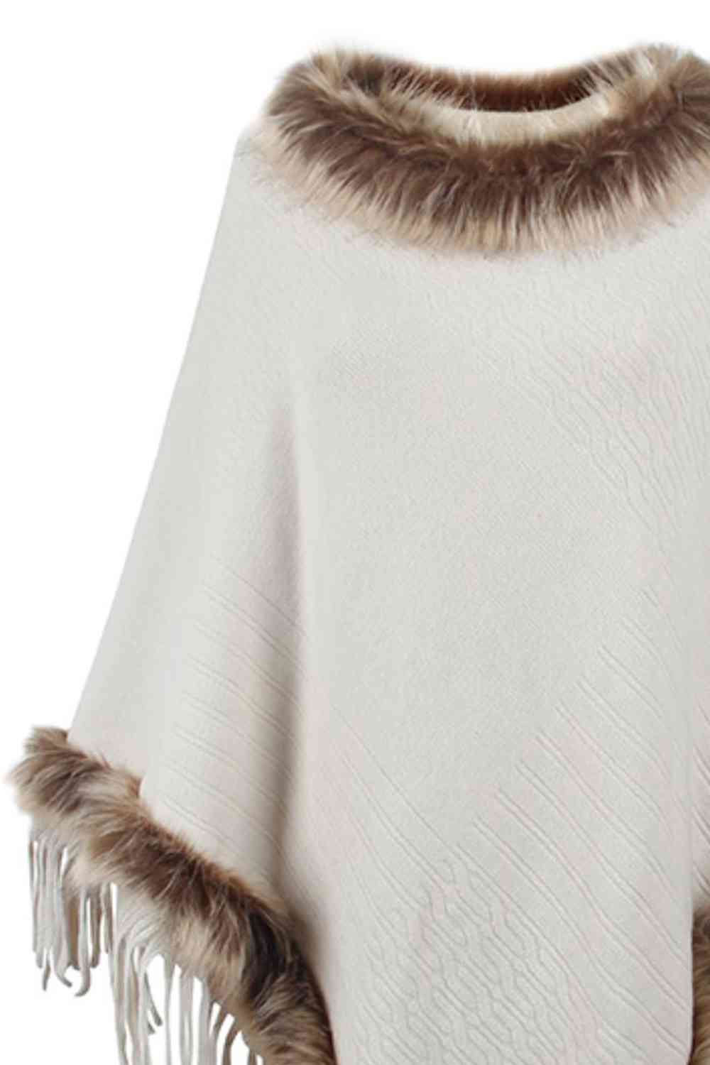 Diva Faux Fur Trim Fringed Poncho
