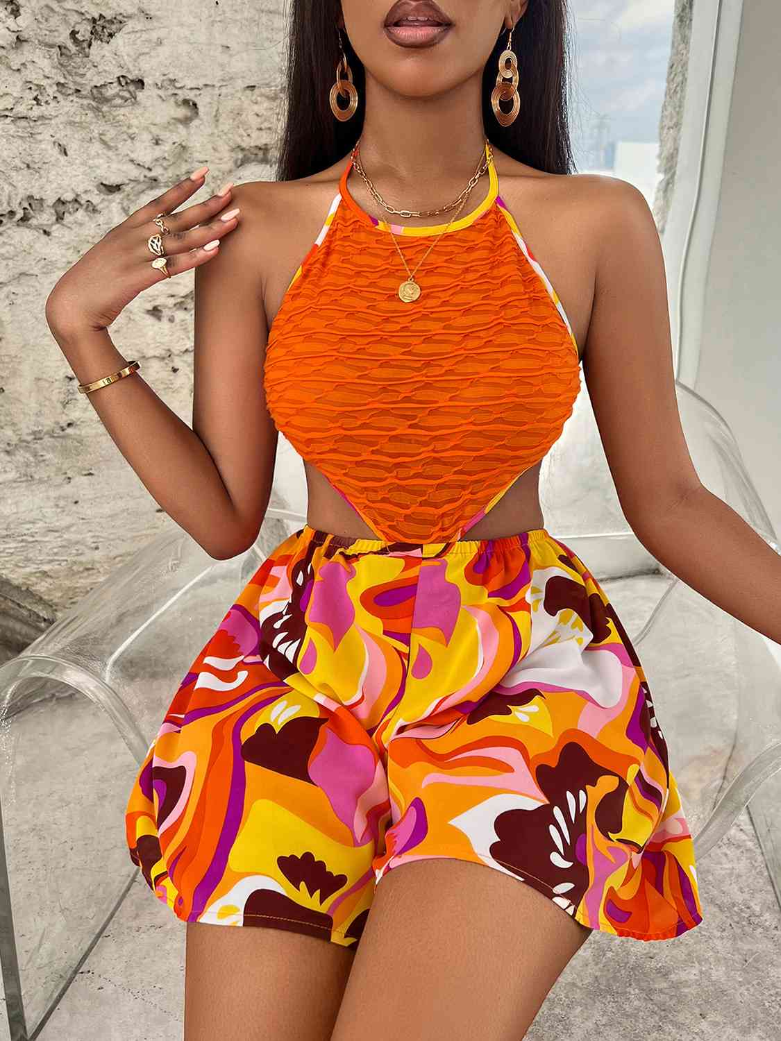 At The Bahamas Sleeveless Cutout Printed Mini Dress
