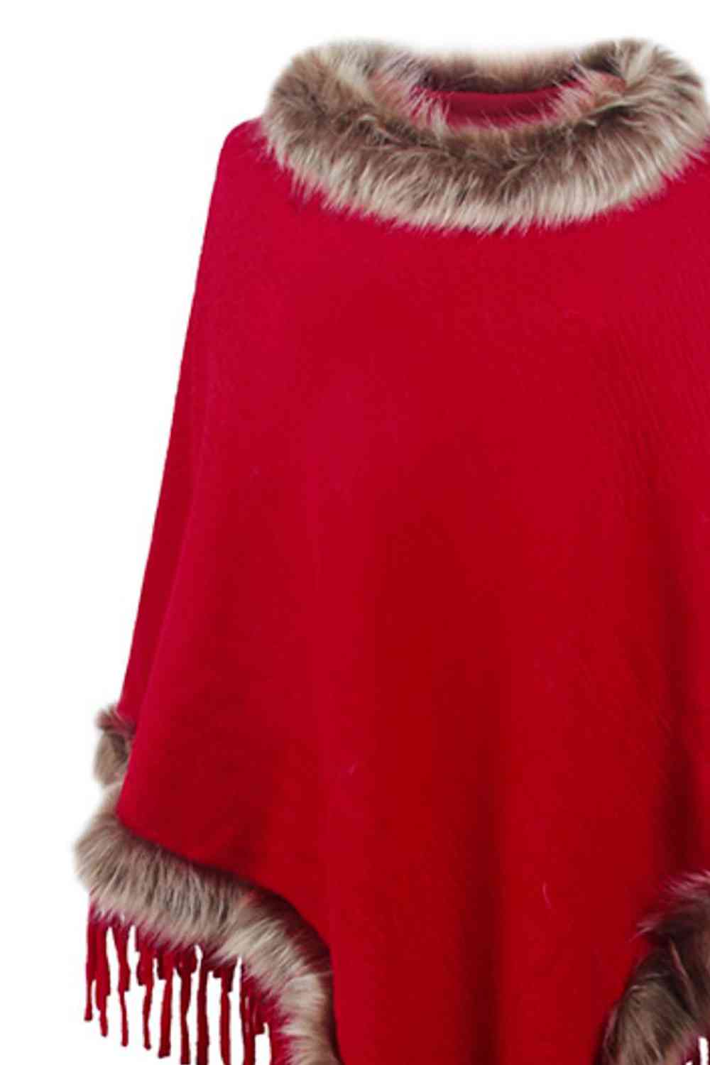 Diva Faux Fur Trim Fringed Poncho