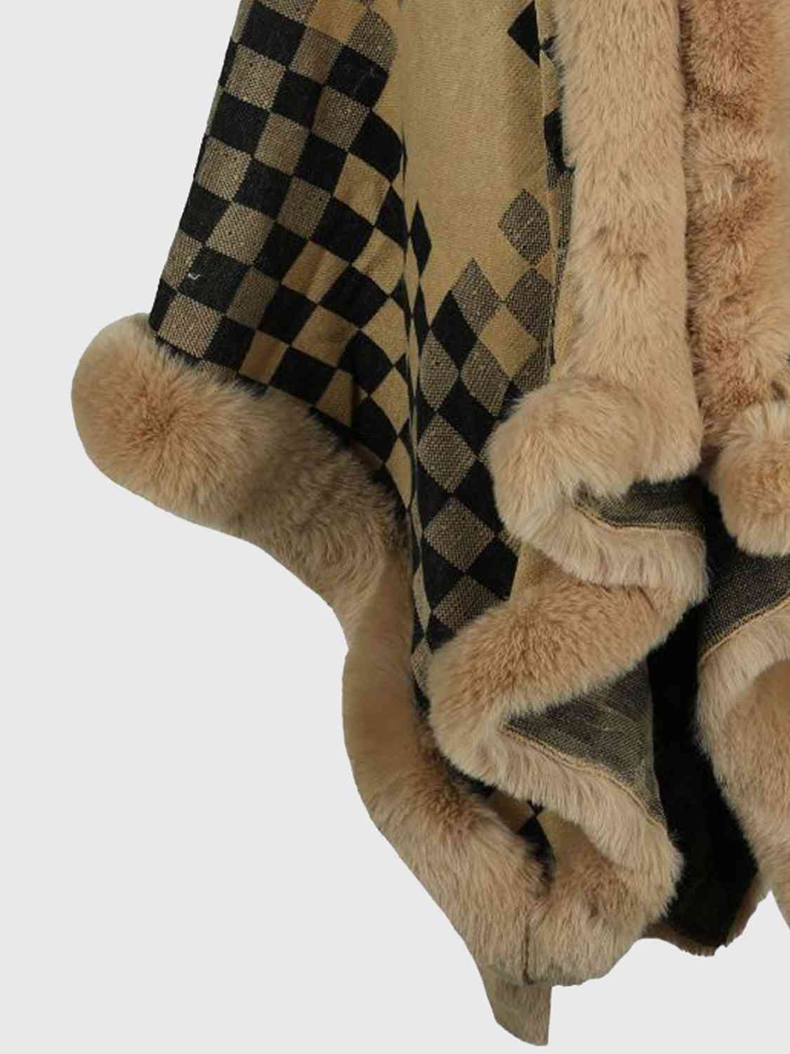 In Town For The Day Checkered Faux Fur Trim Poncho