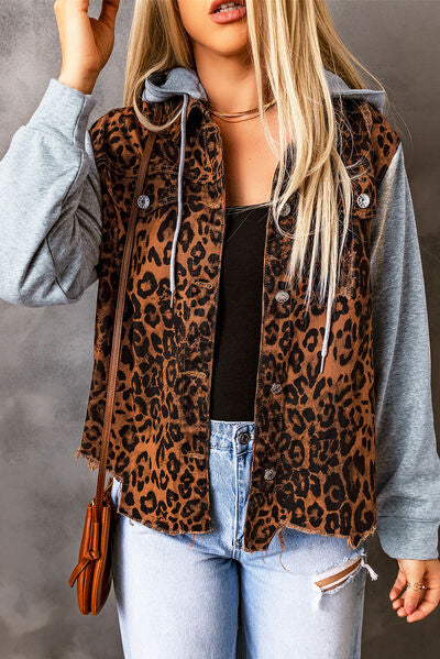 Leopard Me Crazy Distressed Drawstring Hooded Denim Jacket