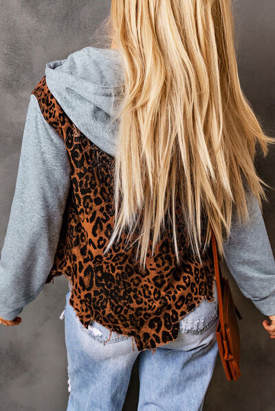 Leopard Me Crazy Distressed Drawstring Hooded Denim Jacket