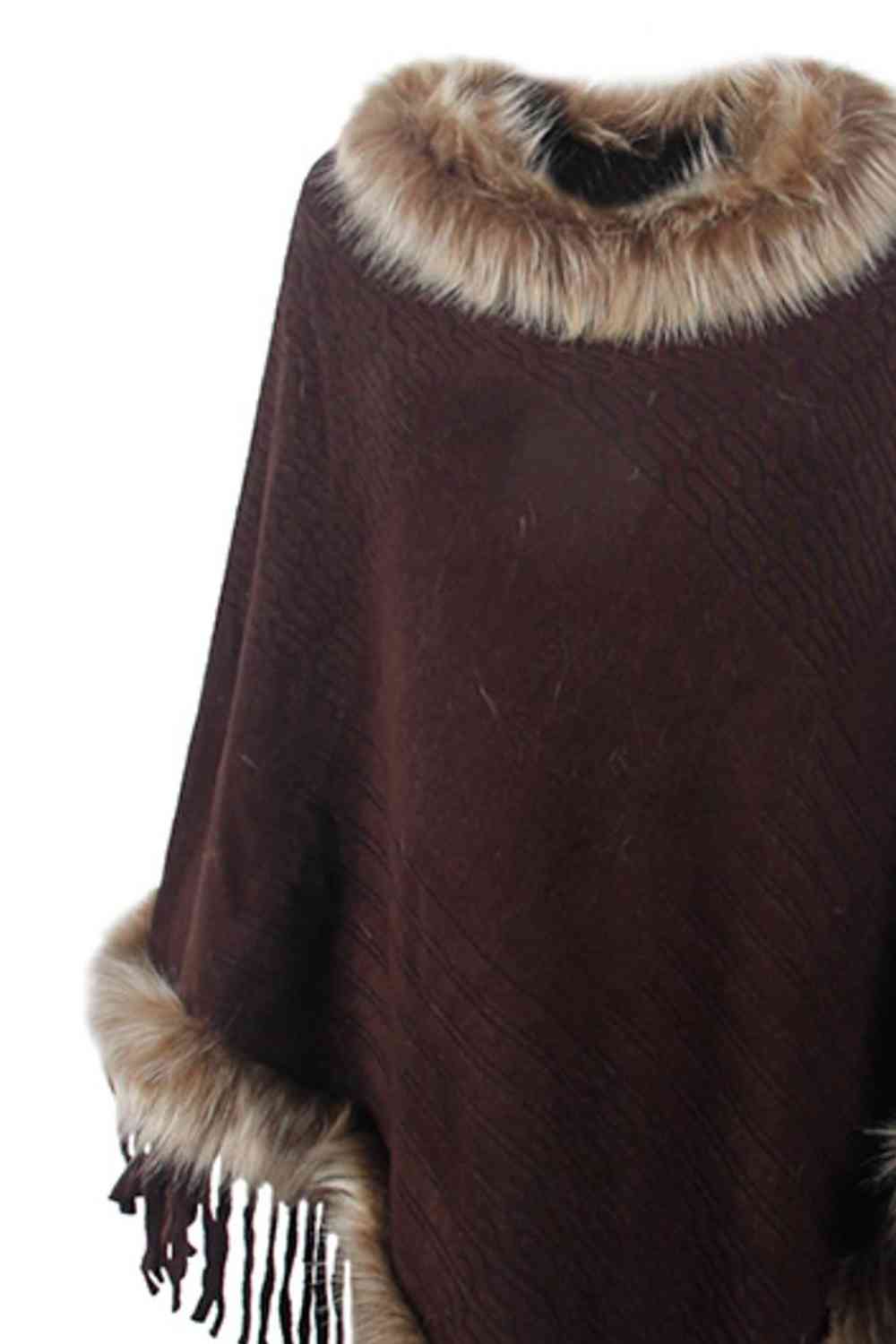 Diva Faux Fur Trim Fringed Poncho