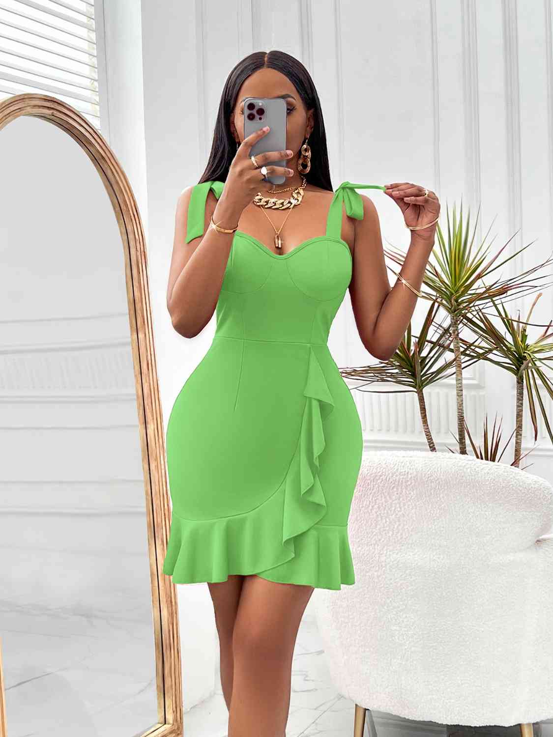Sour Apple Sweetheart Neck Ruffled Dress
