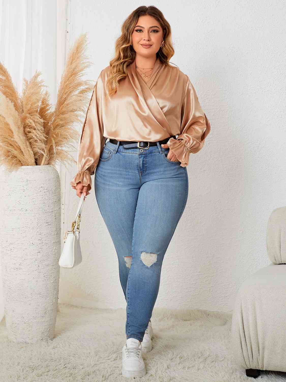 Day Shopping With The Girls Plus Size Surplice Neck Flounce Sleeve Blouse