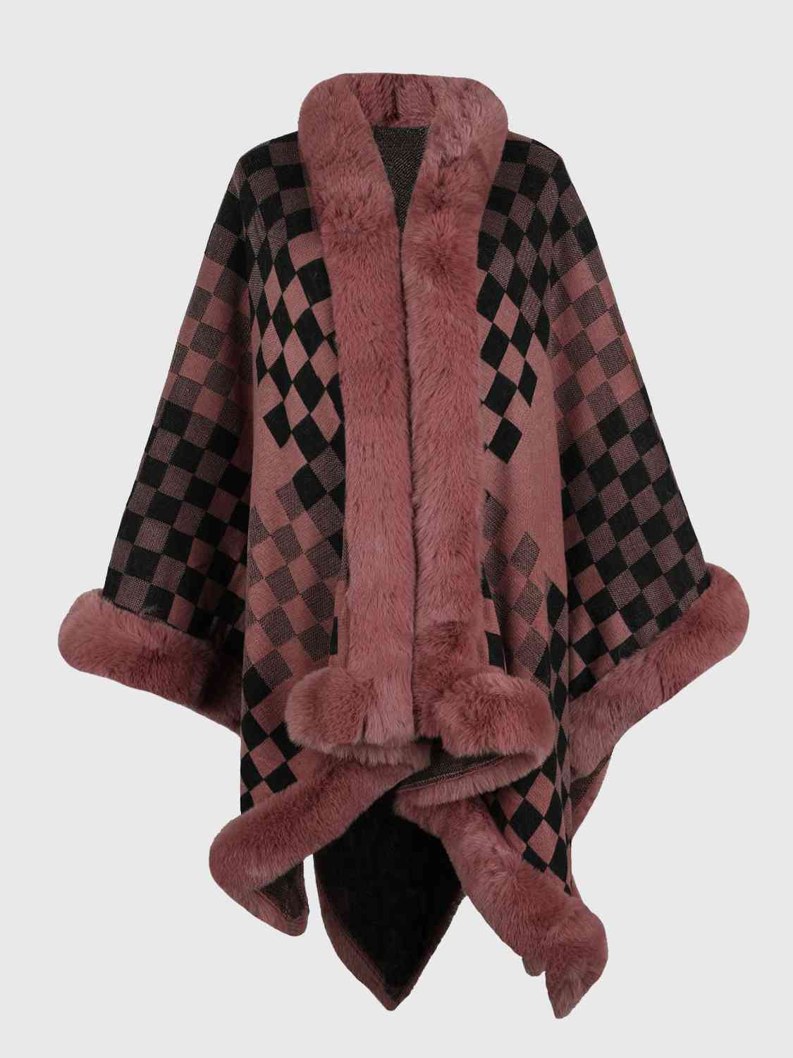 In Town For The Day Checkered Faux Fur Trim Poncho