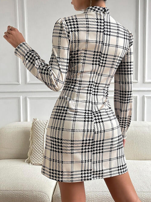Dinner With The CEO Houndstooth Mock Neck Cinched Mini Dress