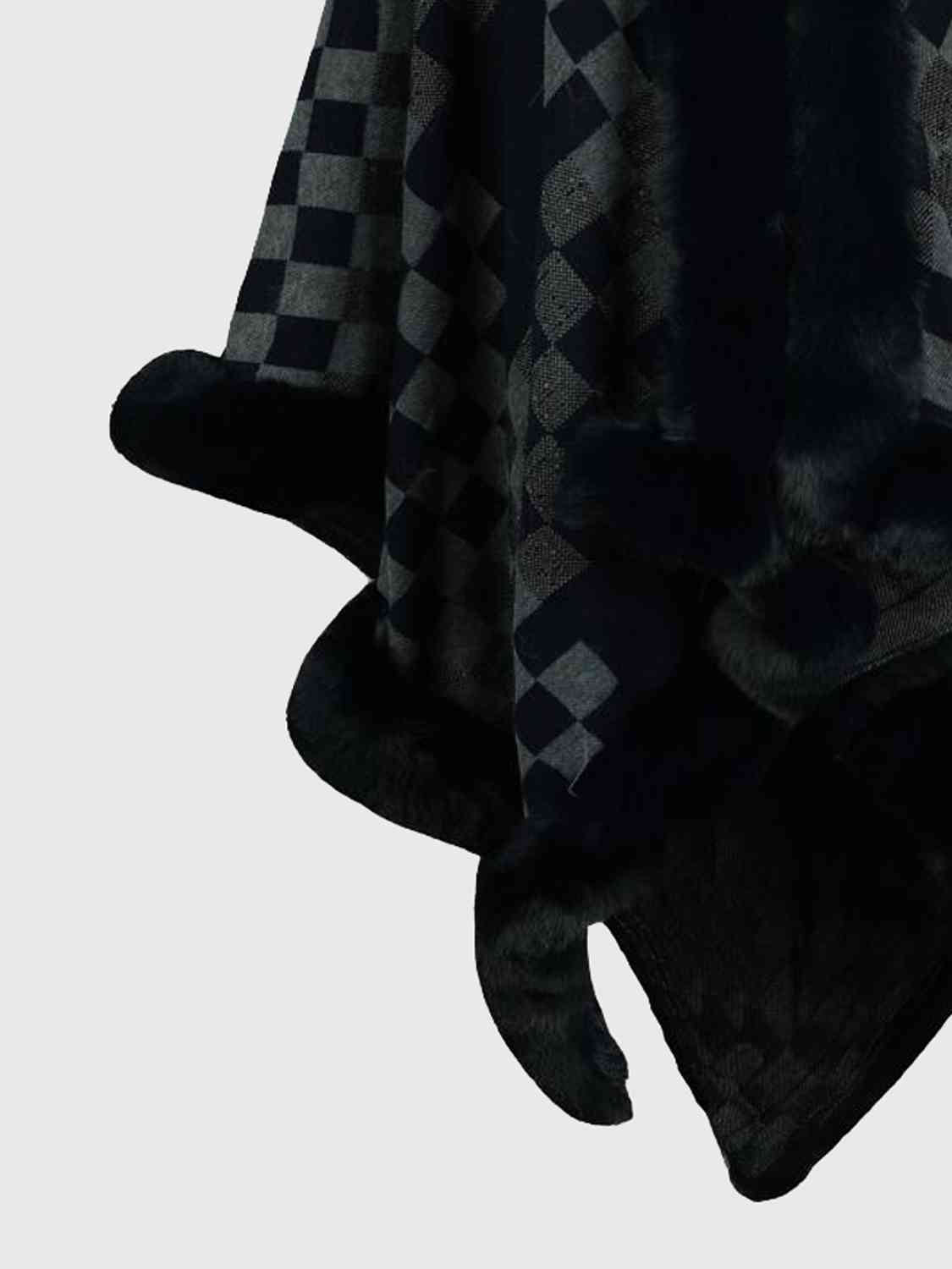 In Town For The Day Checkered Faux Fur Trim Poncho
