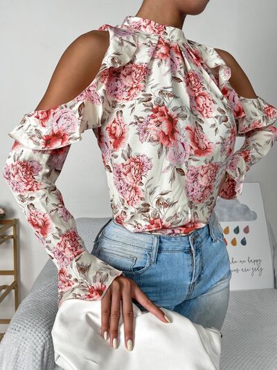 Day Date Floral Cold Shoulder Ruffle Trim Blouse