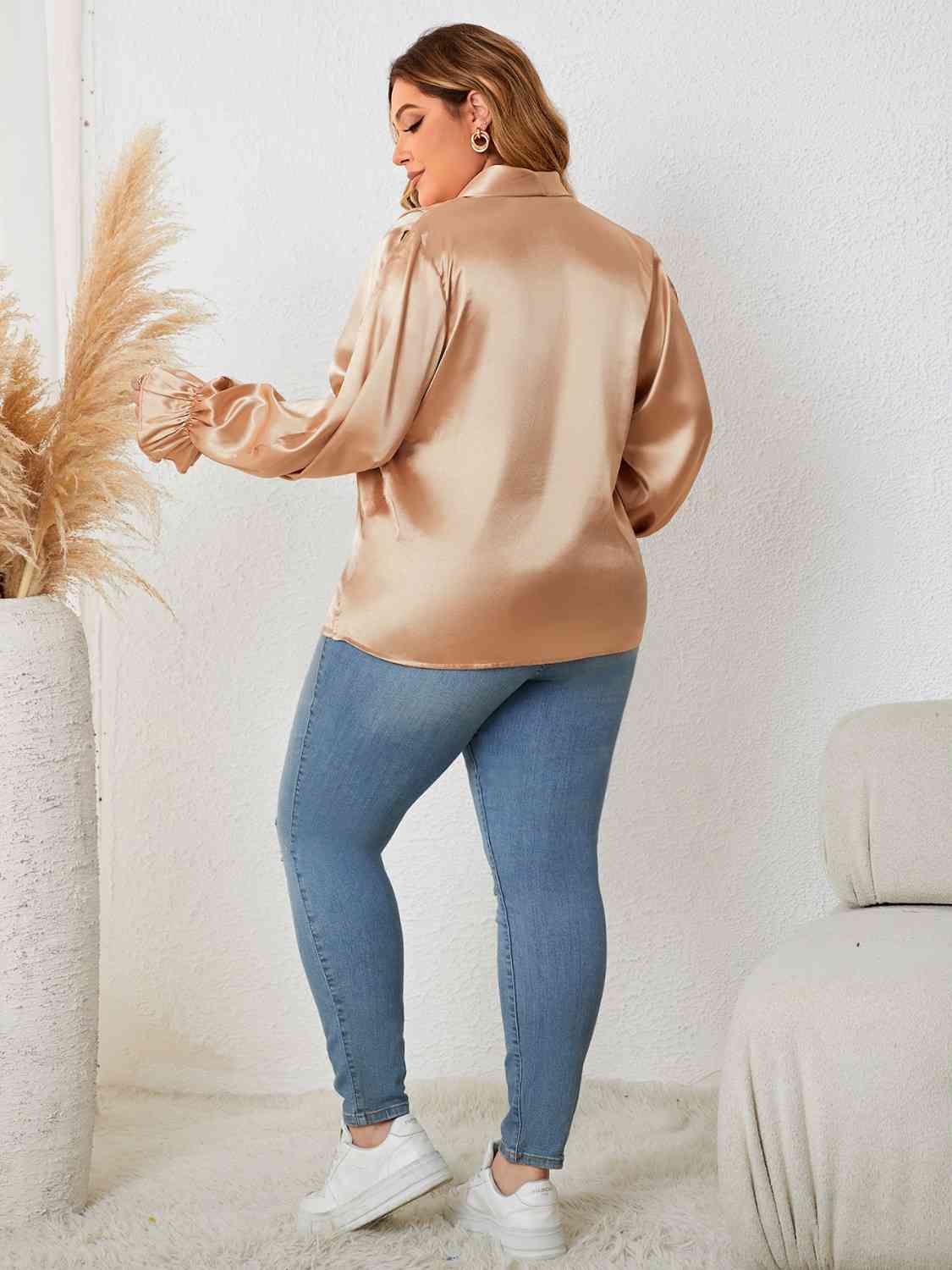 Day Shopping With The Girls Plus Size Surplice Neck Flounce Sleeve Blouse
