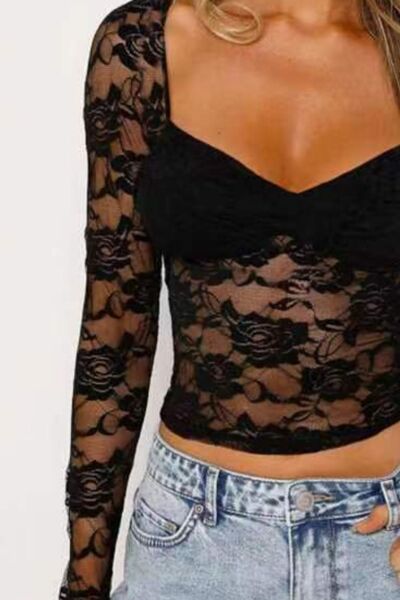 Special Surprise Lace Sweetheart Neck Long Sleeve T-Shirt