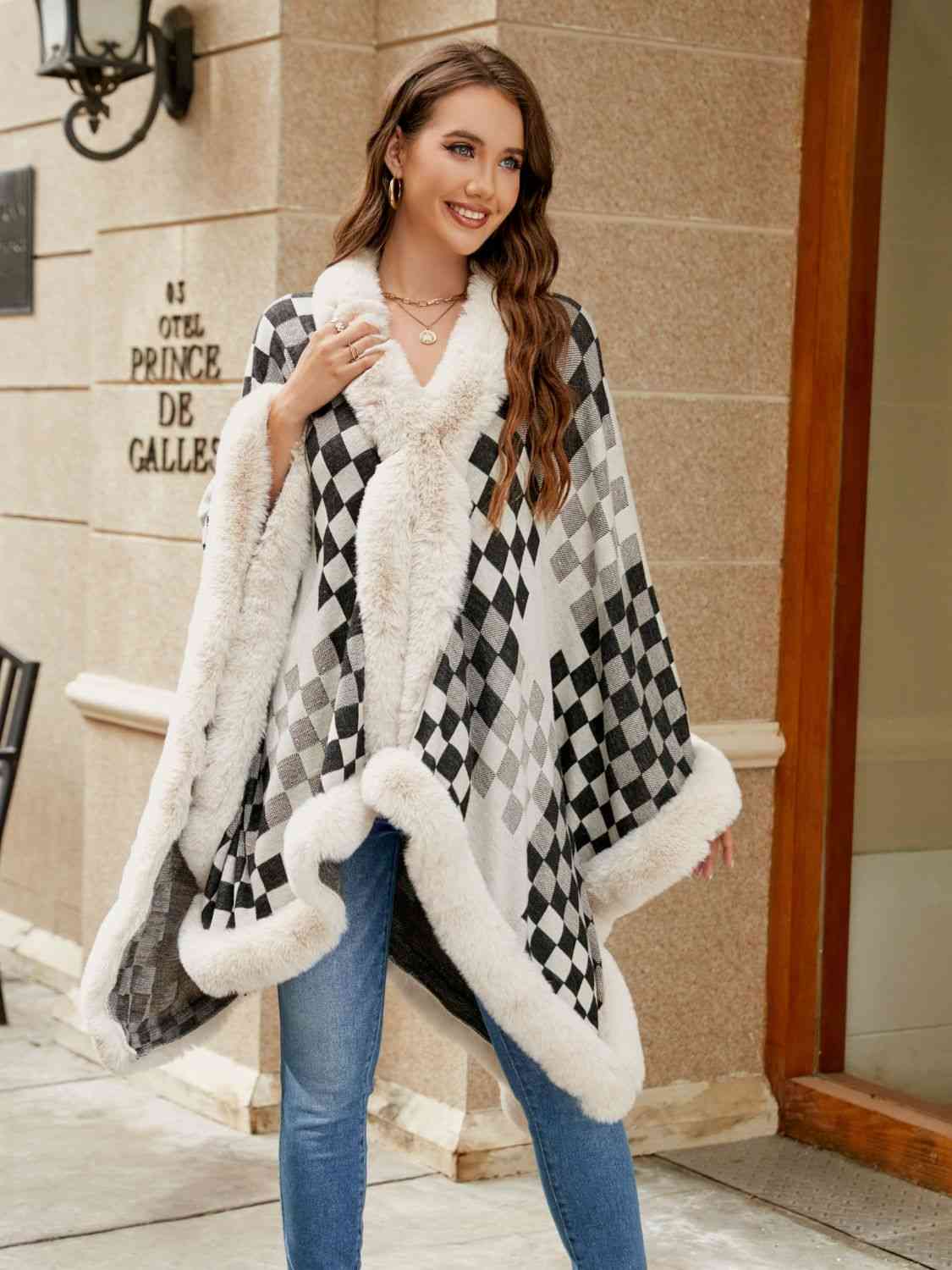 In Town For The Day Checkered Faux Fur Trim Poncho
