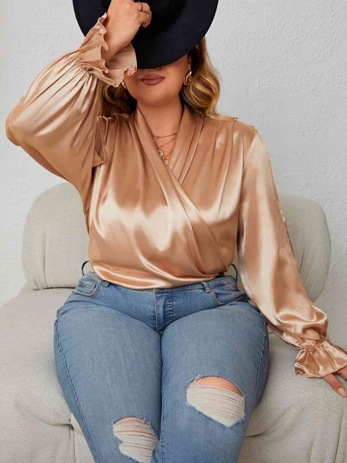 Day Shopping With The Girls Plus Size Surplice Neck Flounce Sleeve Blouse