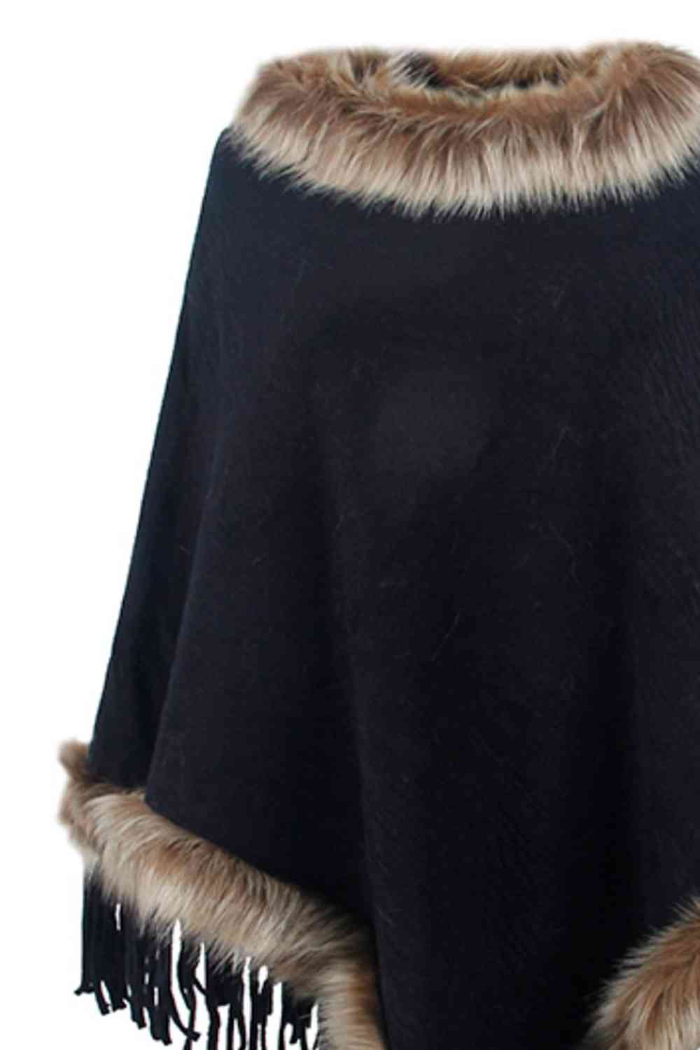Diva Faux Fur Trim Fringed Poncho