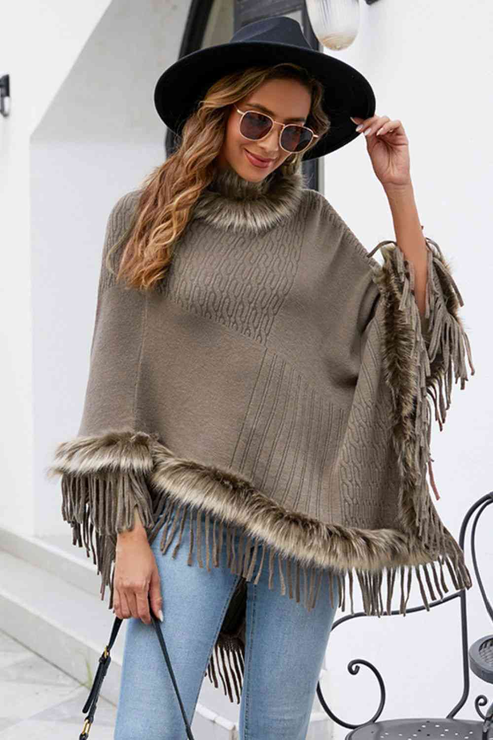Diva Faux Fur Trim Fringed Poncho