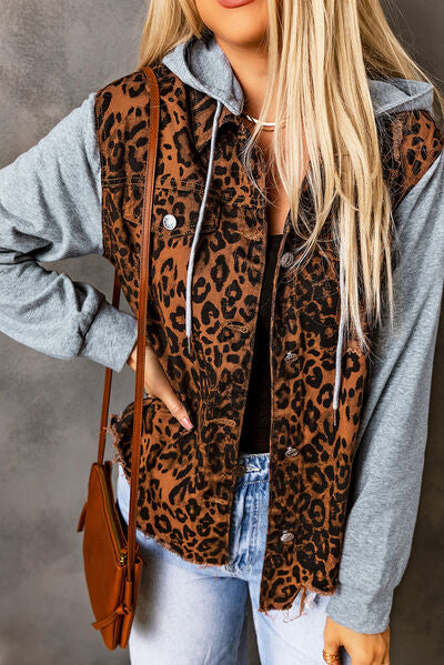 Leopard Me Crazy Distressed Drawstring Hooded Denim Jacket