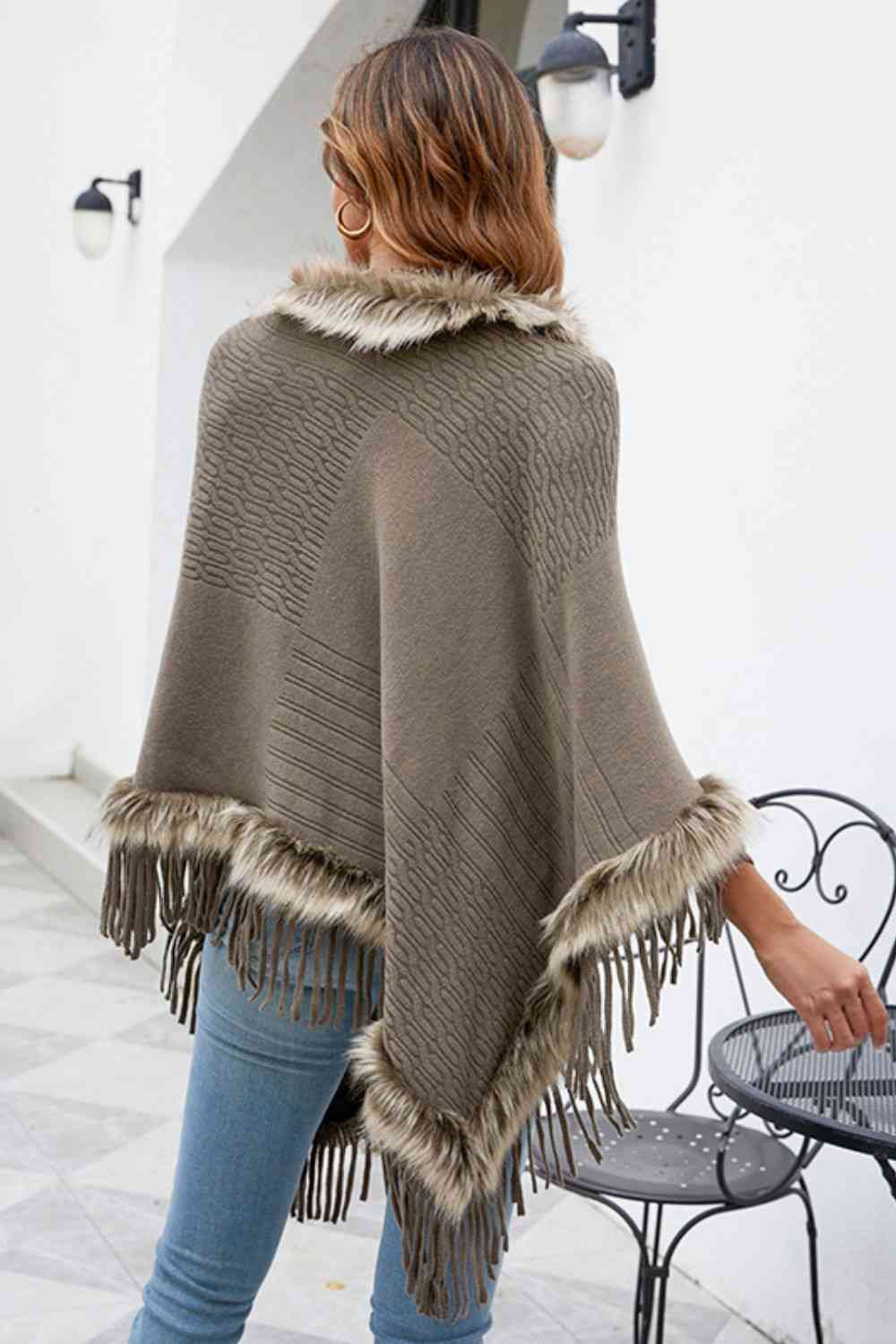 Diva Faux Fur Trim Fringed Poncho