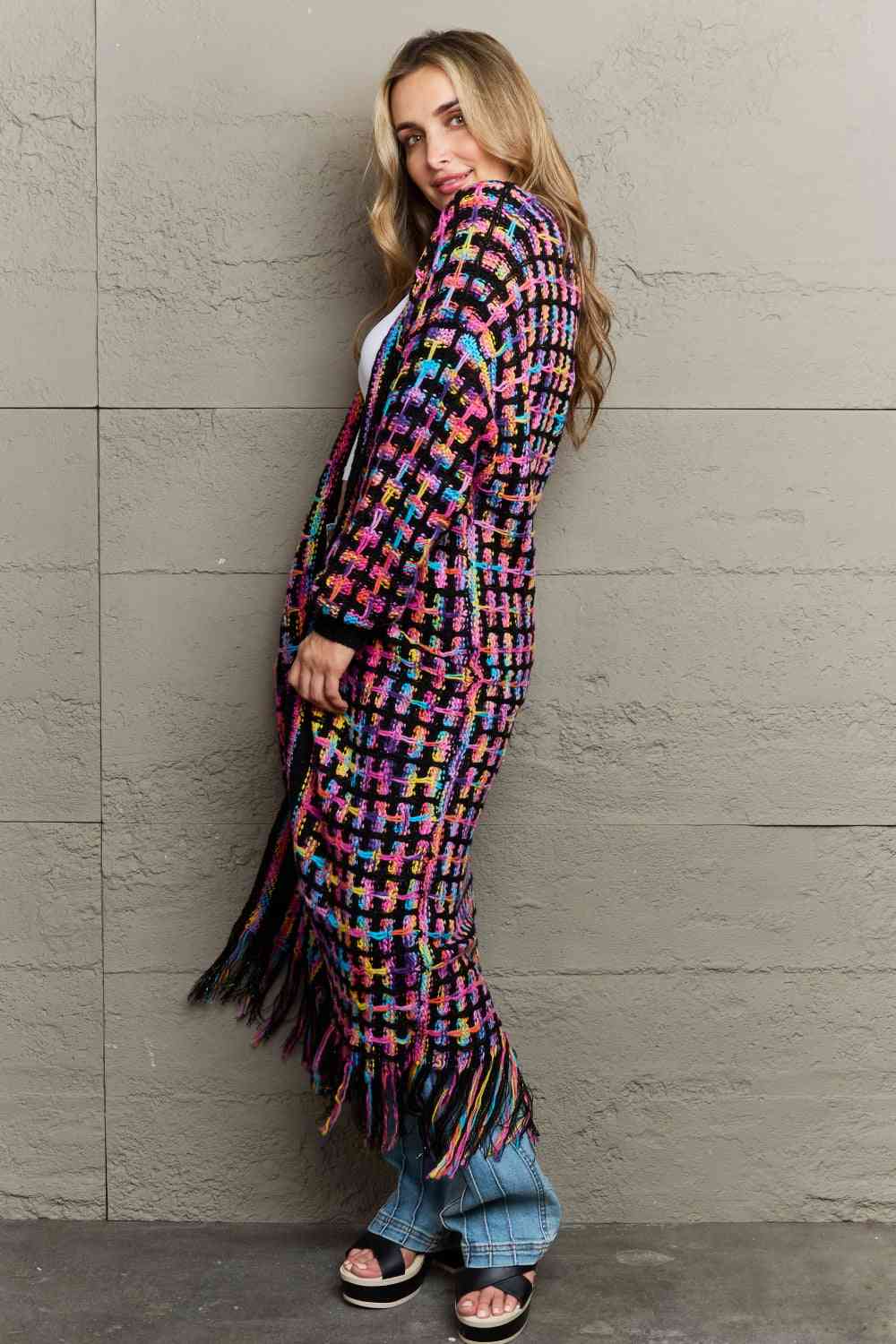 Infinite Multicolored Open Front Fringe Hem Cardigan