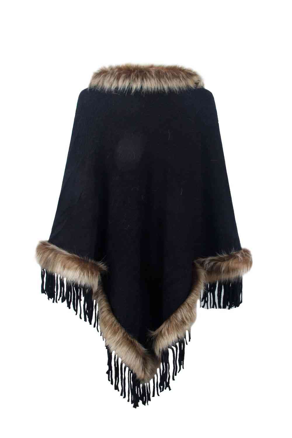 Diva Faux Fur Trim Fringed Poncho