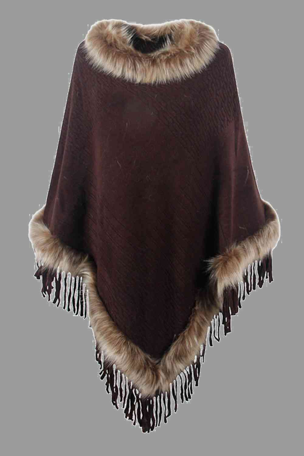 Diva Faux Fur Trim Fringed Poncho