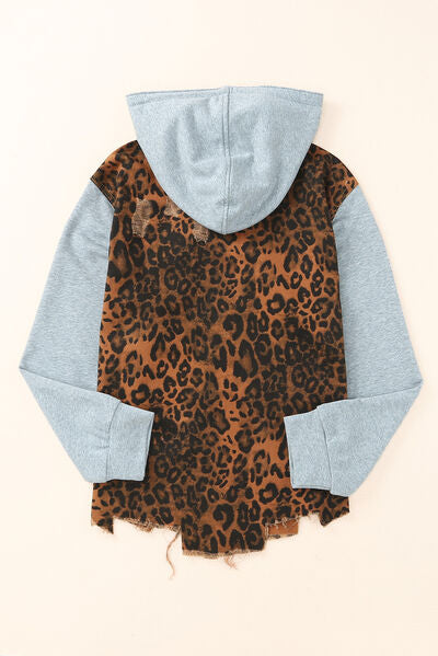 Leopard Me Crazy Distressed Drawstring Hooded Denim Jacket