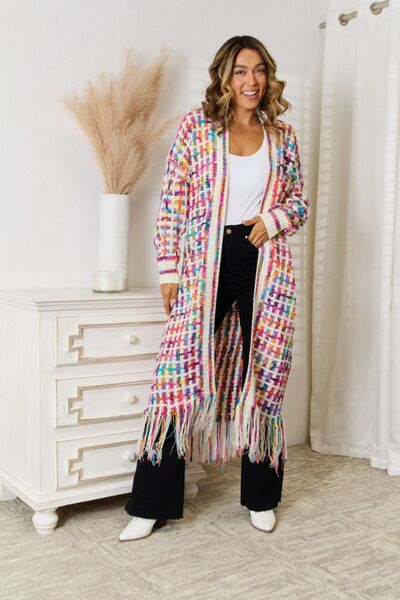 Infinite Multicolored Open Front Fringe Hem Cardigan