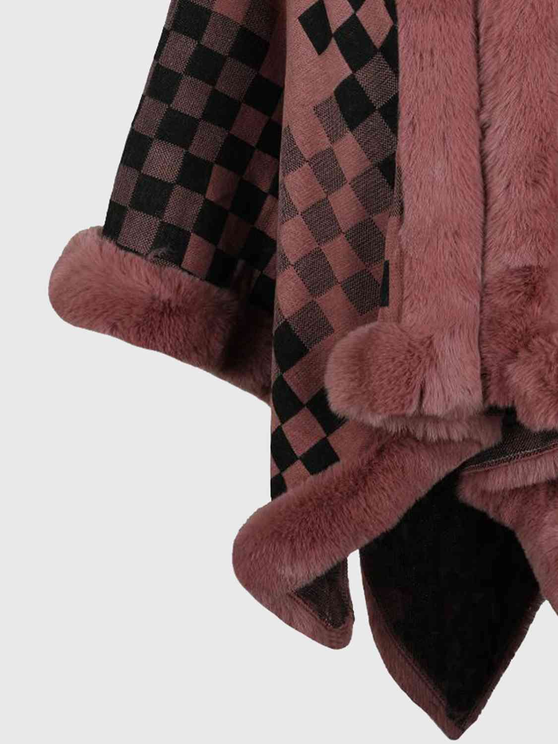 In Town For The Day Checkered Faux Fur Trim Poncho
