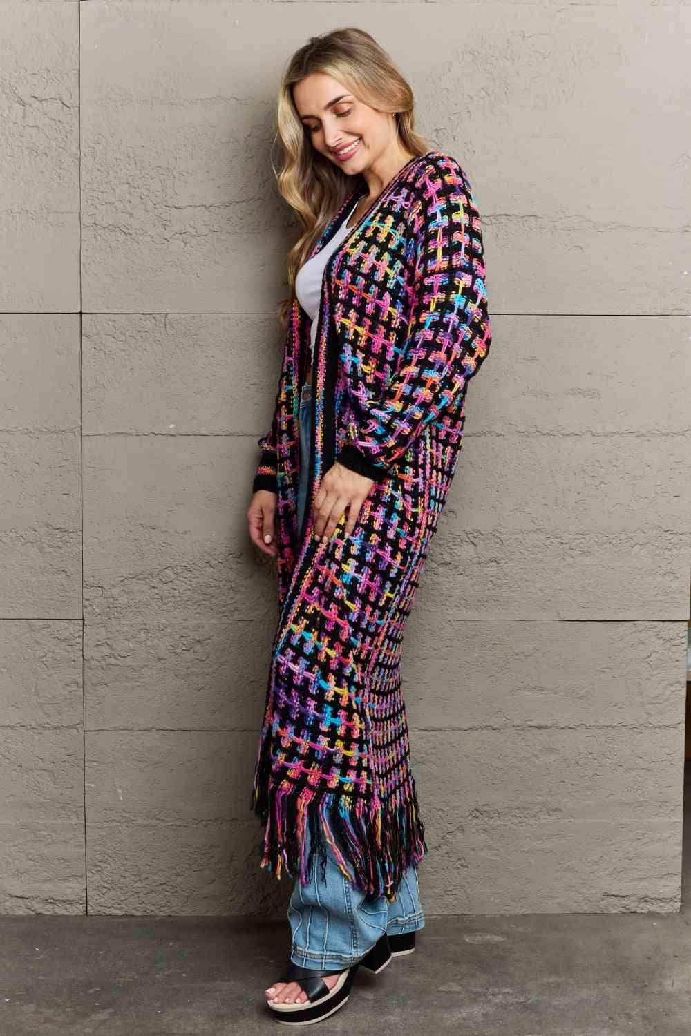 Infinite Multicolored Open Front Fringe Hem Cardigan