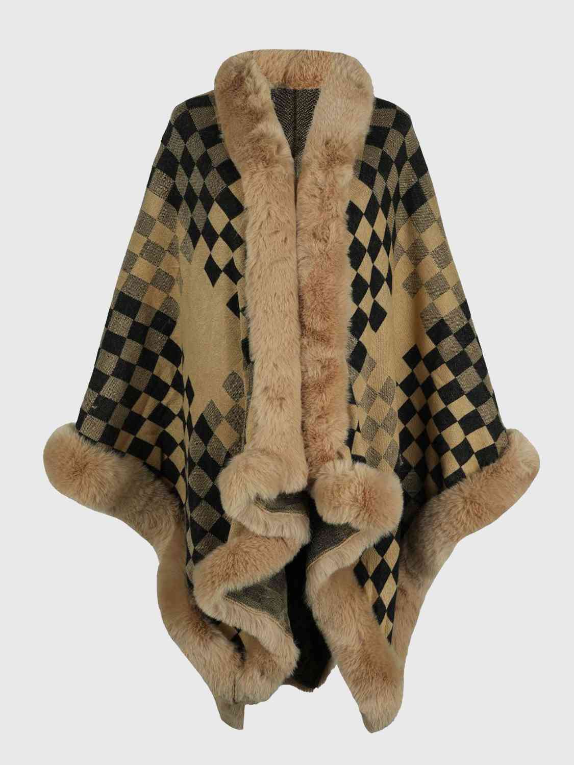In Town For The Day Checkered Faux Fur Trim Poncho