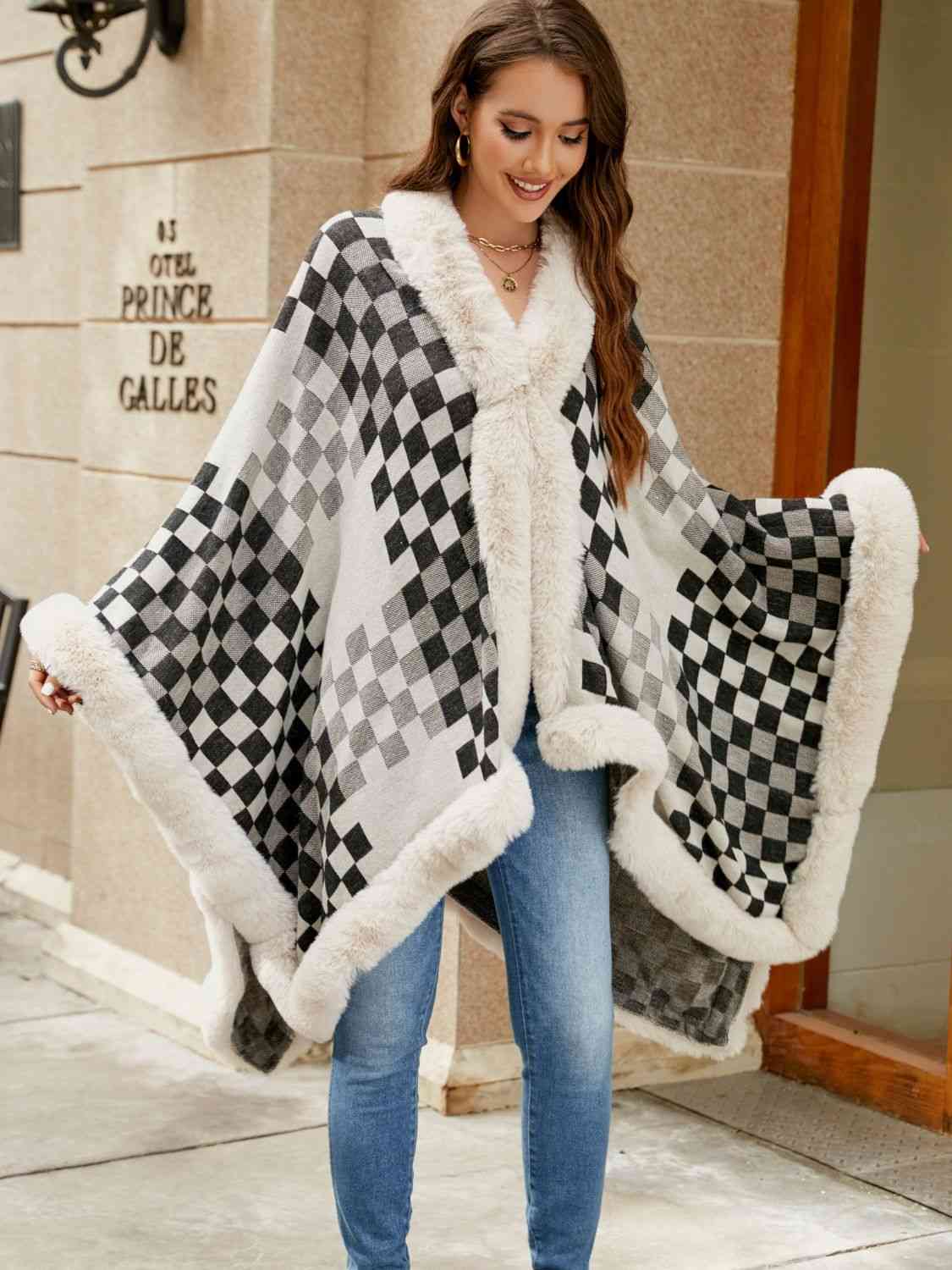 In Town For The Day Checkered Faux Fur Trim Poncho