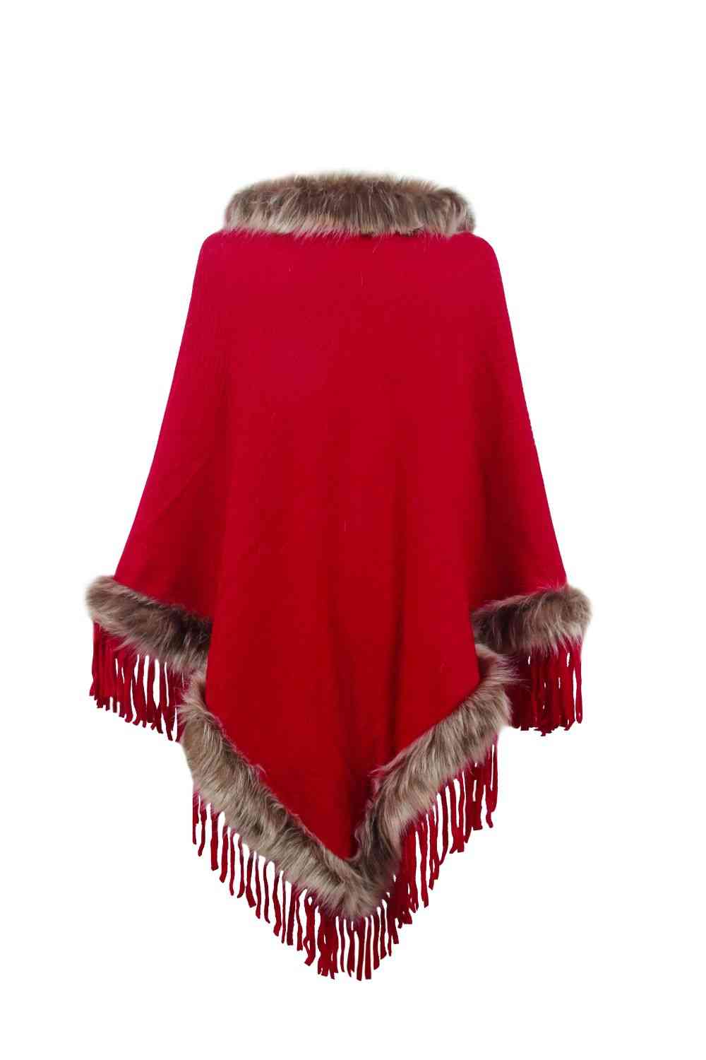 Diva Faux Fur Trim Fringed Poncho