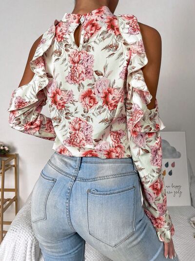 Day Date Floral Cold Shoulder Ruffle Trim Blouse