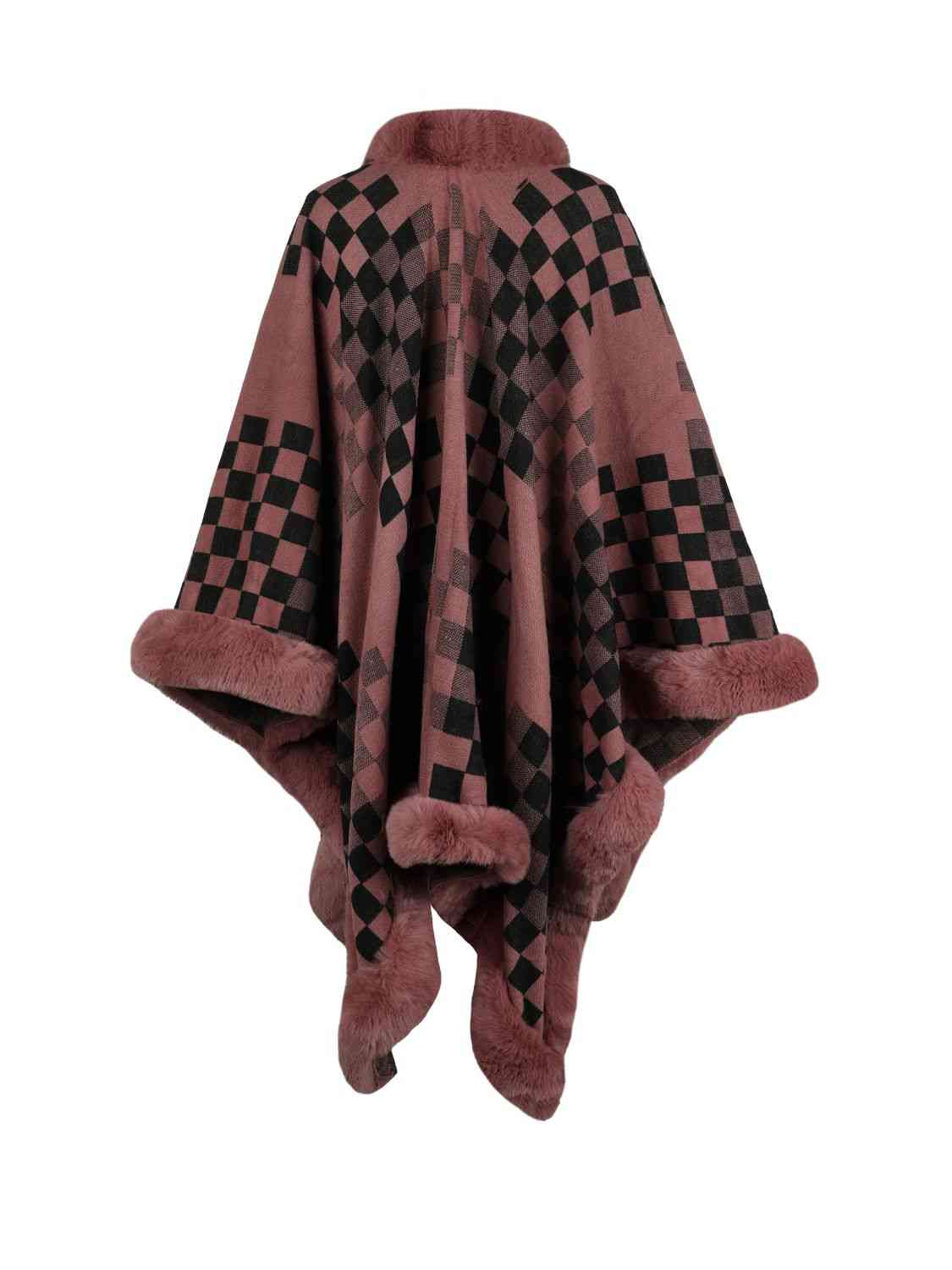 In Town For The Day Checkered Faux Fur Trim Poncho
