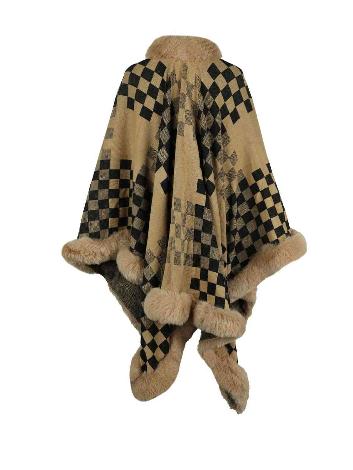 In Town For The Day Checkered Faux Fur Trim Poncho