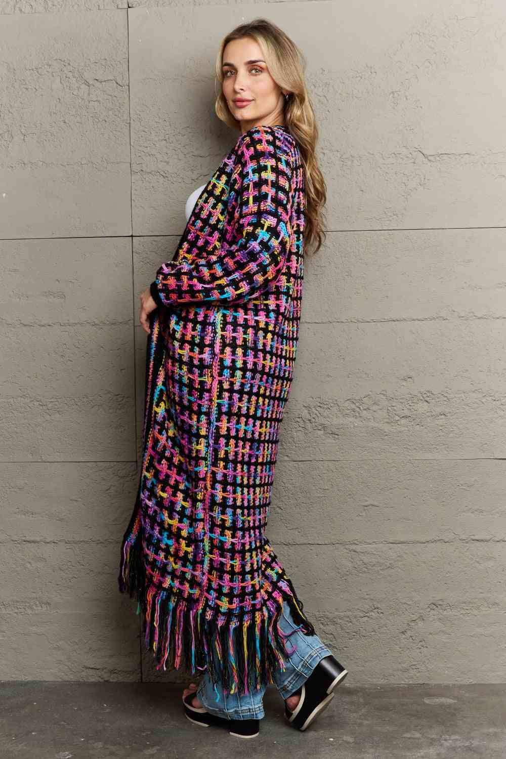 Infinite Multicolored Open Front Fringe Hem Cardigan