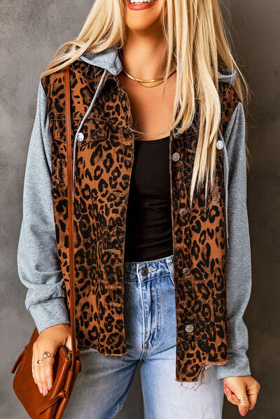 Leopard Me Crazy Distressed Drawstring Hooded Denim Jacket