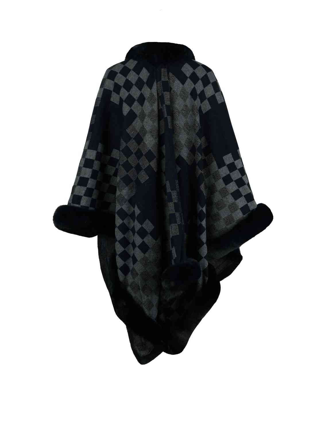 In Town For The Day Checkered Faux Fur Trim Poncho