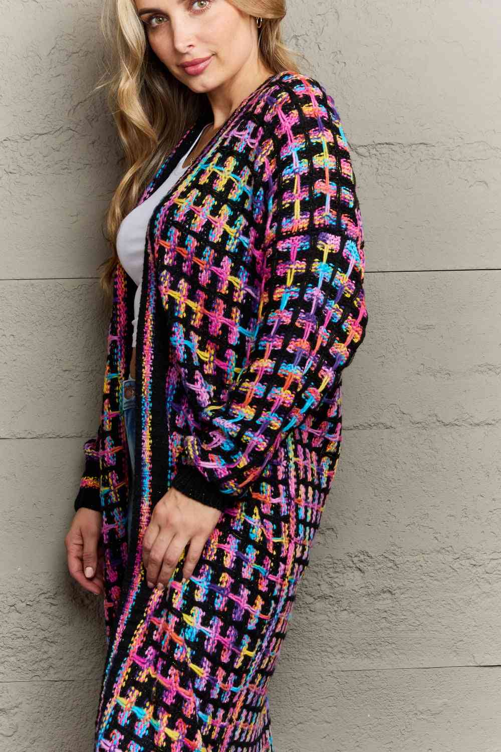 Infinite Multicolored Open Front Fringe Hem Cardigan